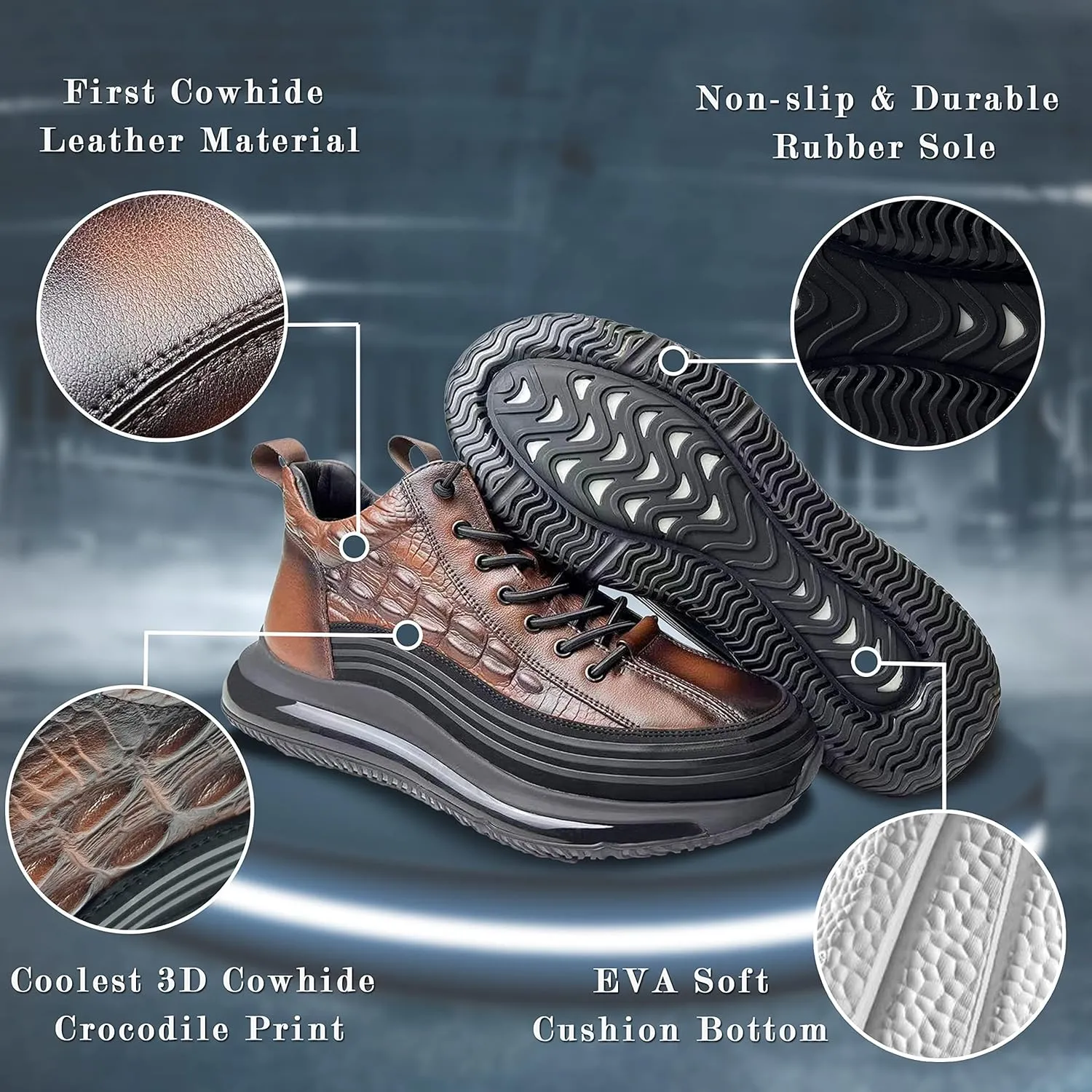 Men's Cowhide Animal Print Sneakers Air Cushion High-Top Height Lifting Non-Slip Lace Up Casual Shoes (Brown,8.5)