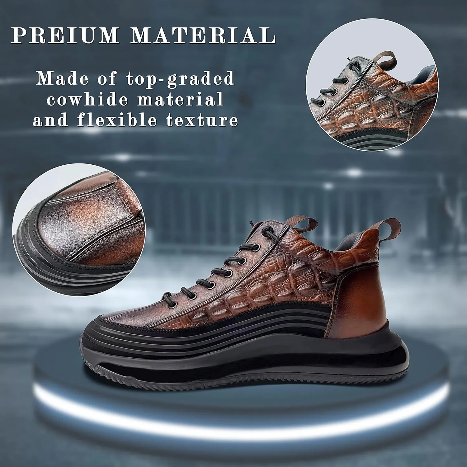Men's Cowhide Animal Print Sneakers Air Cushion High-Top Height Lifting Non-Slip Lace Up Casual Shoes (Brown,8.5)