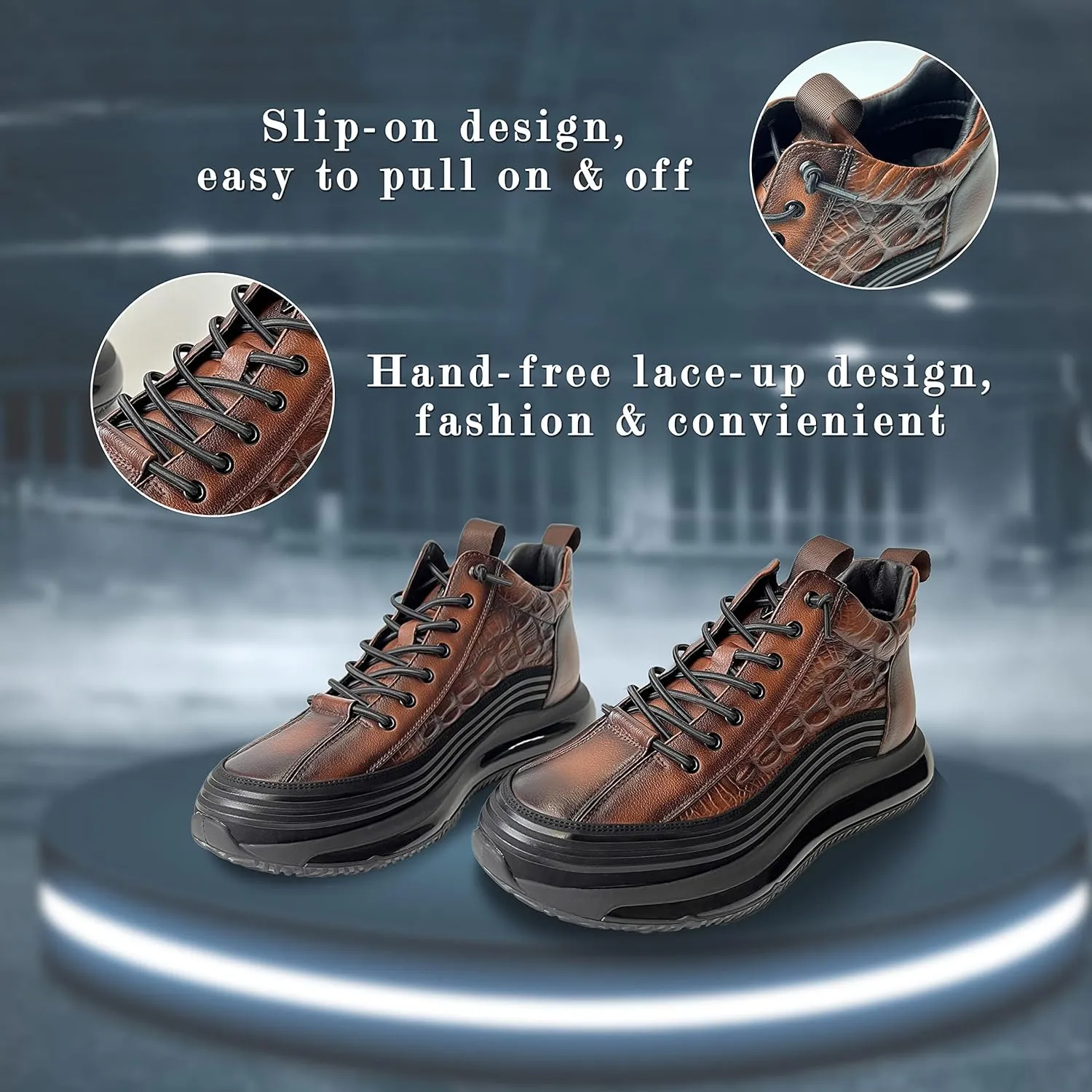 Men's Cowhide Animal Print Sneakers Air Cushion High-Top Height Lifting Non-Slip Lace Up Casual Shoes (Brown,8.5)