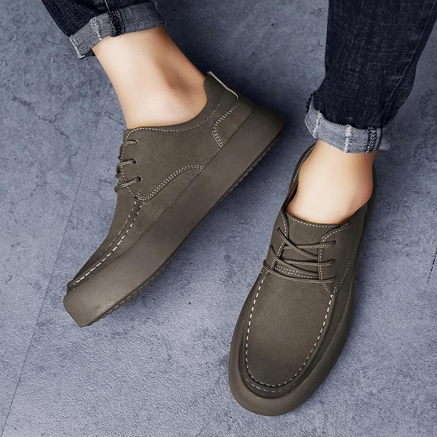 Men's Genuine Leather Platform Lace-up Formal Oxfords,Fashion Round Toe Handmade Casual Dress Shoes,Comfortable Non-Slip Business Work Shoes