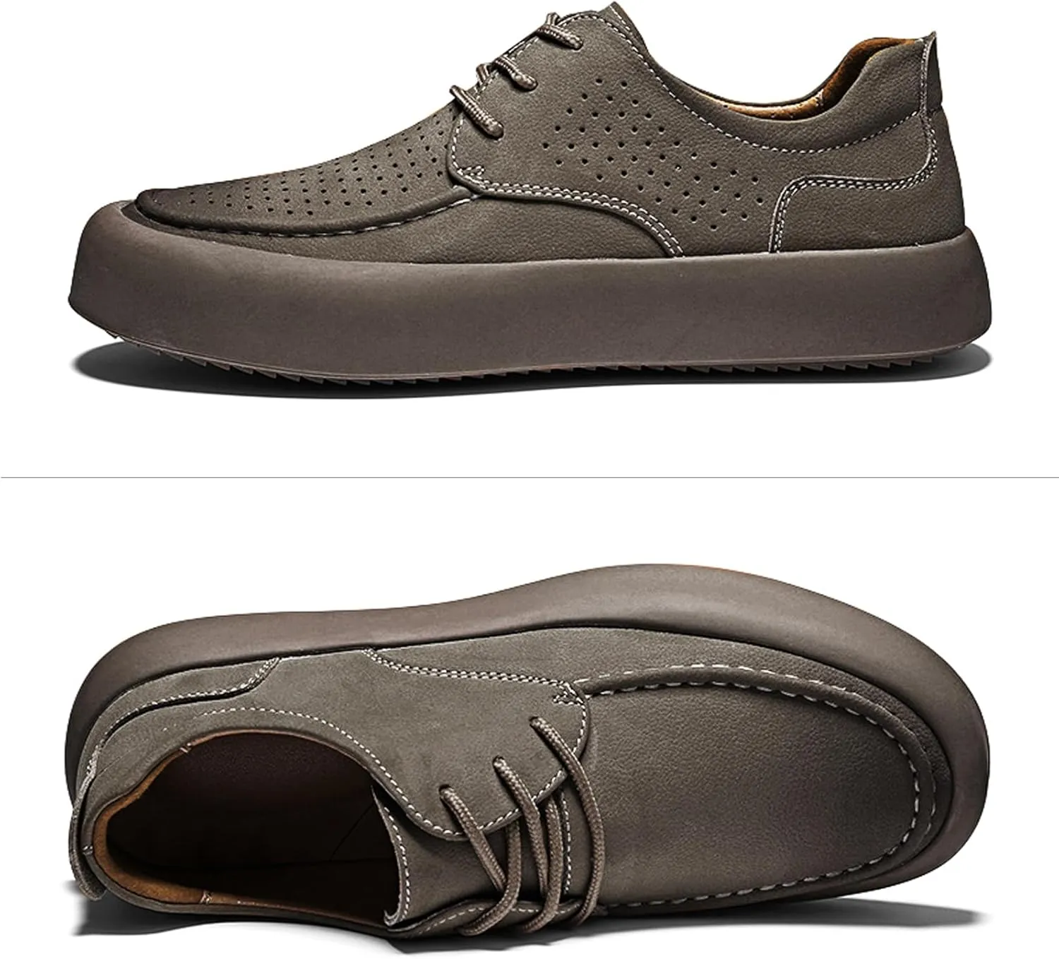 Men's Genuine Leather Platform Lace-up Formal Oxfords,Fashion Round Toe Handmade Casual Dress Shoes,Comfortable Non-Slip Business Work Shoes
