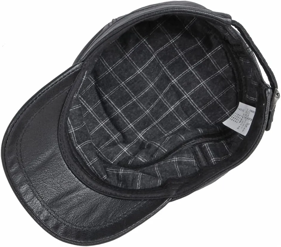 Men's Lambskin Leather Military Caps Cadet Army Caps Flat Top Cap