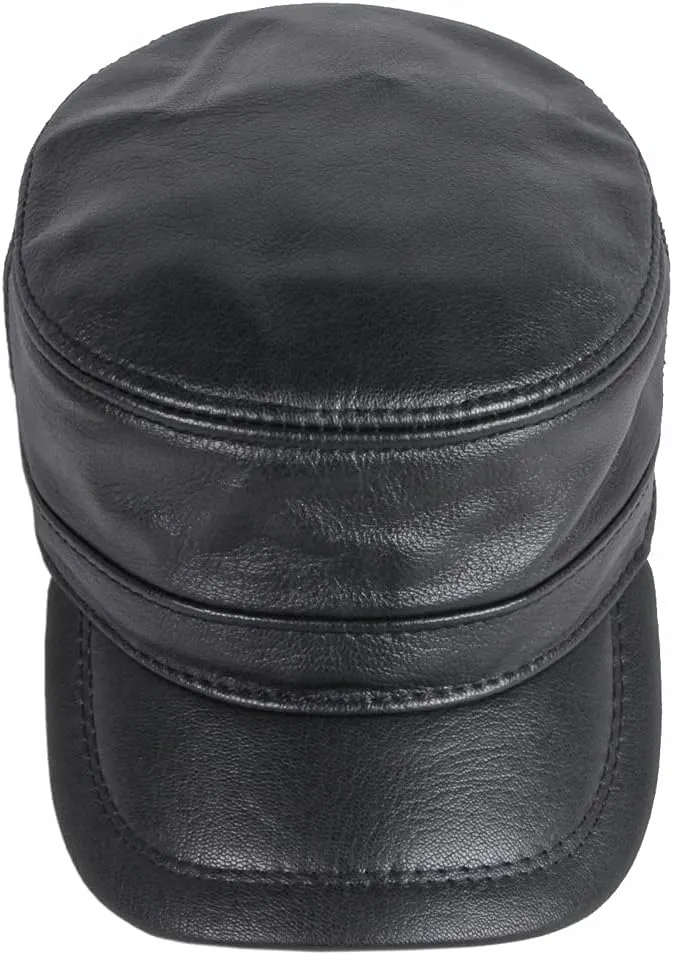 Men's Lambskin Leather Military Caps Cadet Army Caps Flat Top Cap