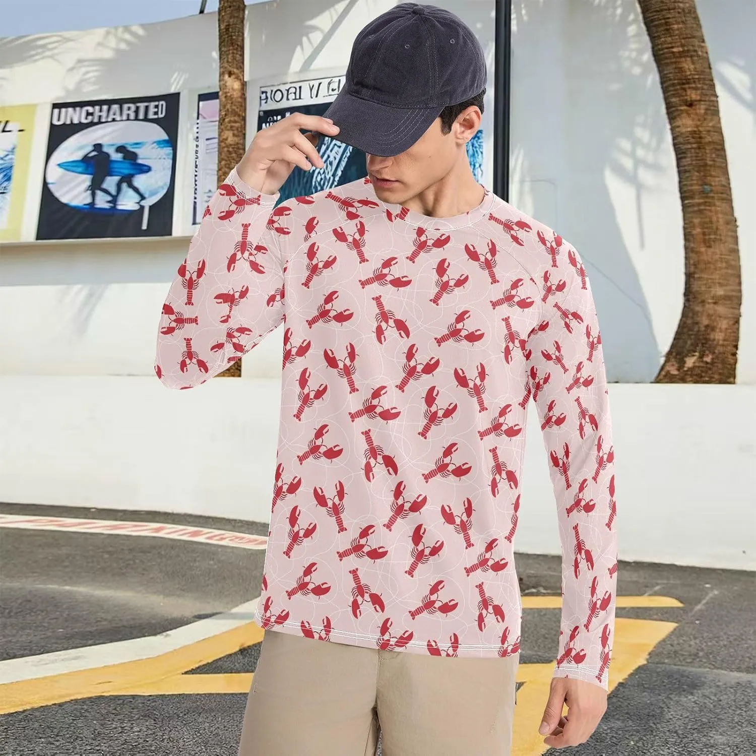 Mens Long Sleeve Rash Guard UPF 50  Sun Protection Quick Dry Red Flat Lobster Fishing Hiking Swim Shirt