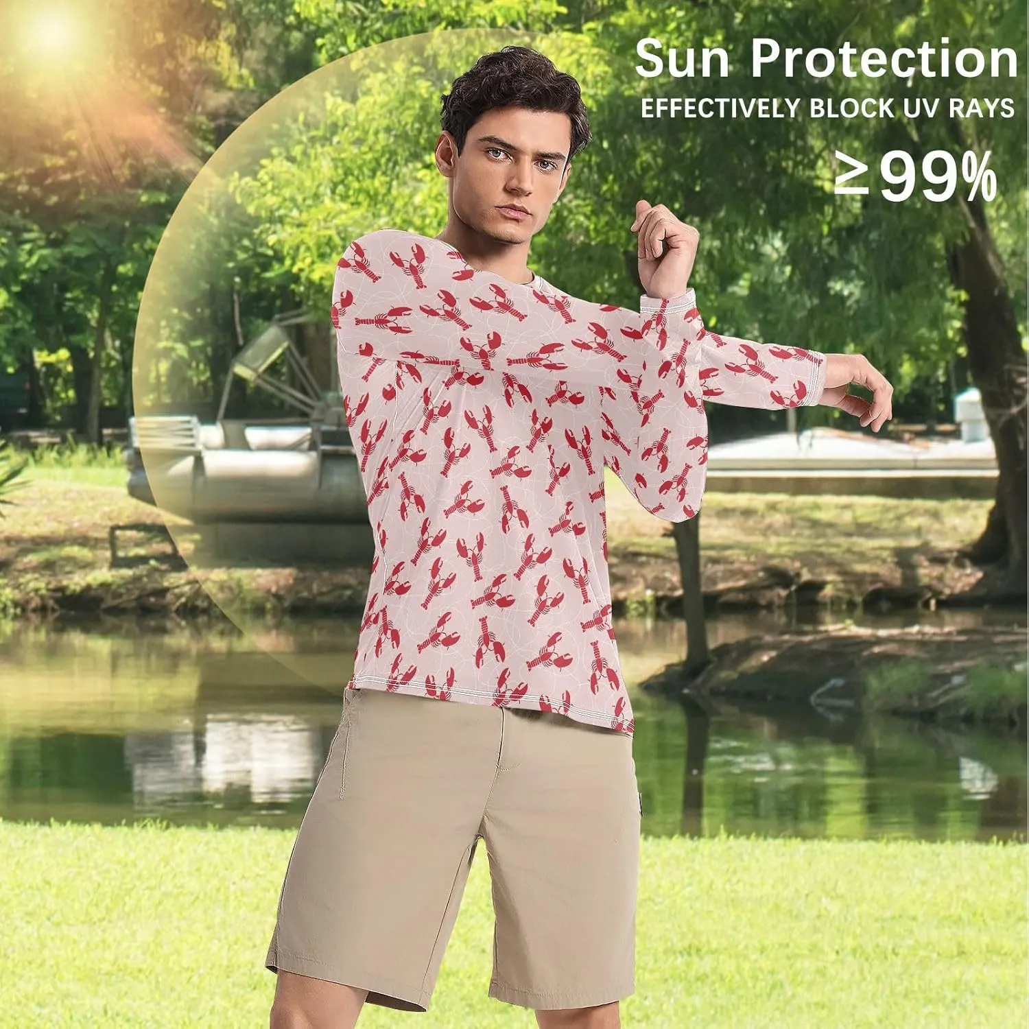 Mens Long Sleeve Rash Guard UPF 50  Sun Protection Quick Dry Red Flat Lobster Fishing Hiking Swim Shirt