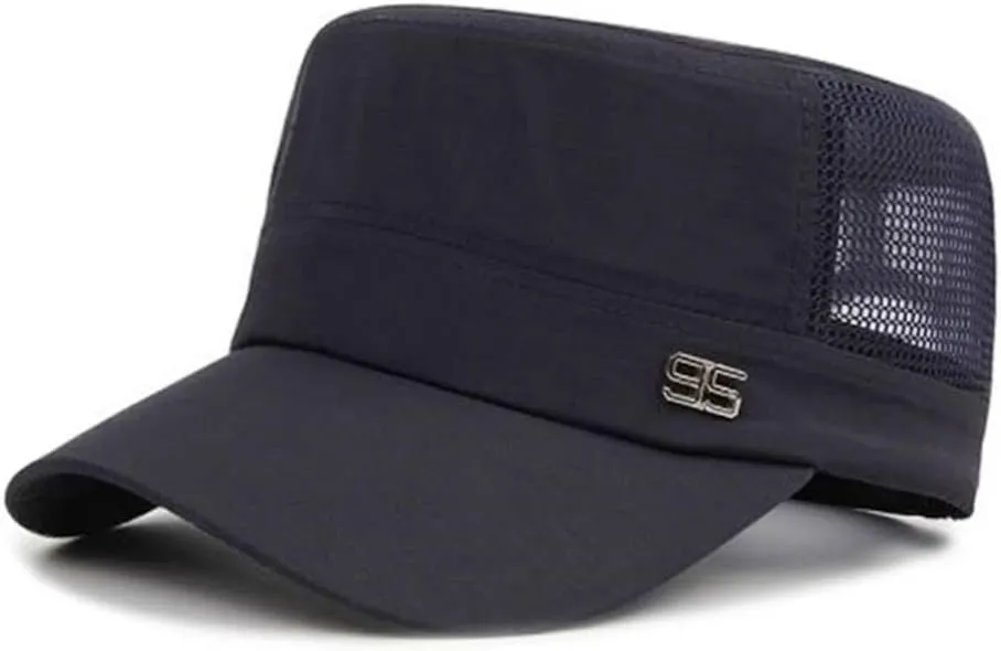 Men's Mesh Army Hat Outdoor Quickly Dry Baseball Cap Cadet Hat Military Breathable Combat Fishing Flat Adjustable Cap - Spring/Summer Casual Sun Cap (Navy Blue)