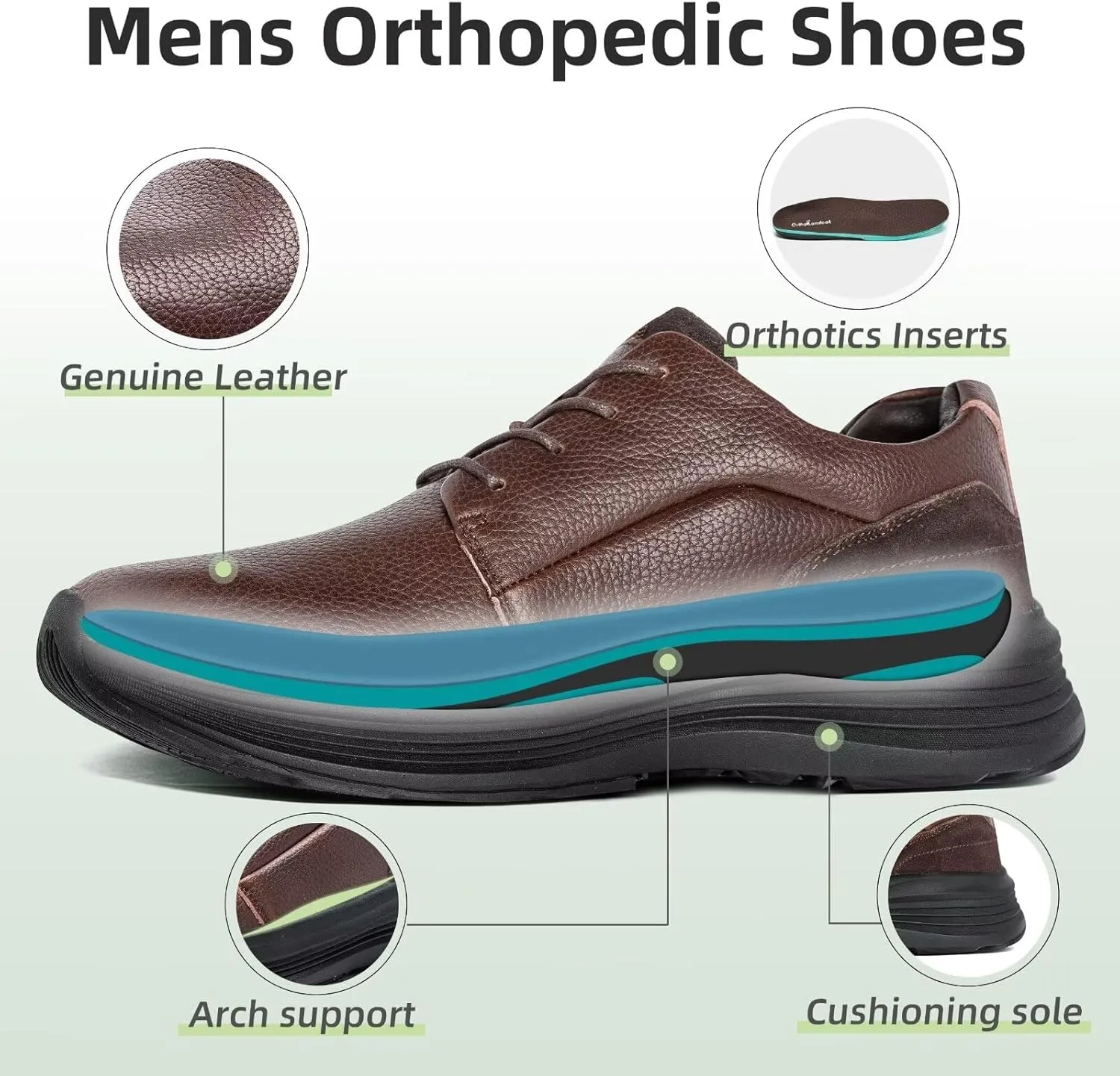 Men's Orthopedic Leather Dress Walking Shoes: Comfortable Plantar Fasciitis Business Oxford with Arch Support, Casual Cushion Flat Feet Orthotic Walking Shoes for Foot and Heel Pain Relief