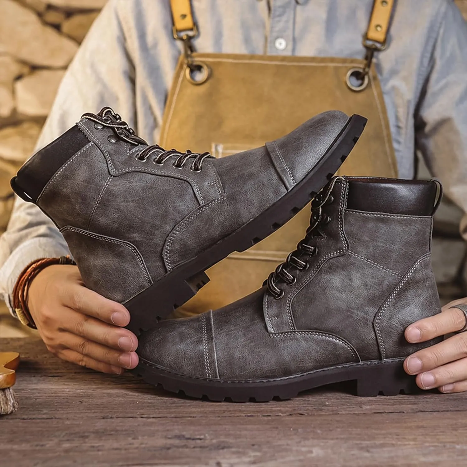 Men's Oxford Dress Boots Fashion Round Toe Platform Lace Up Low Heel Lug Sole Casual Mid Top Motorcycle Boots Business Work Boots for Men