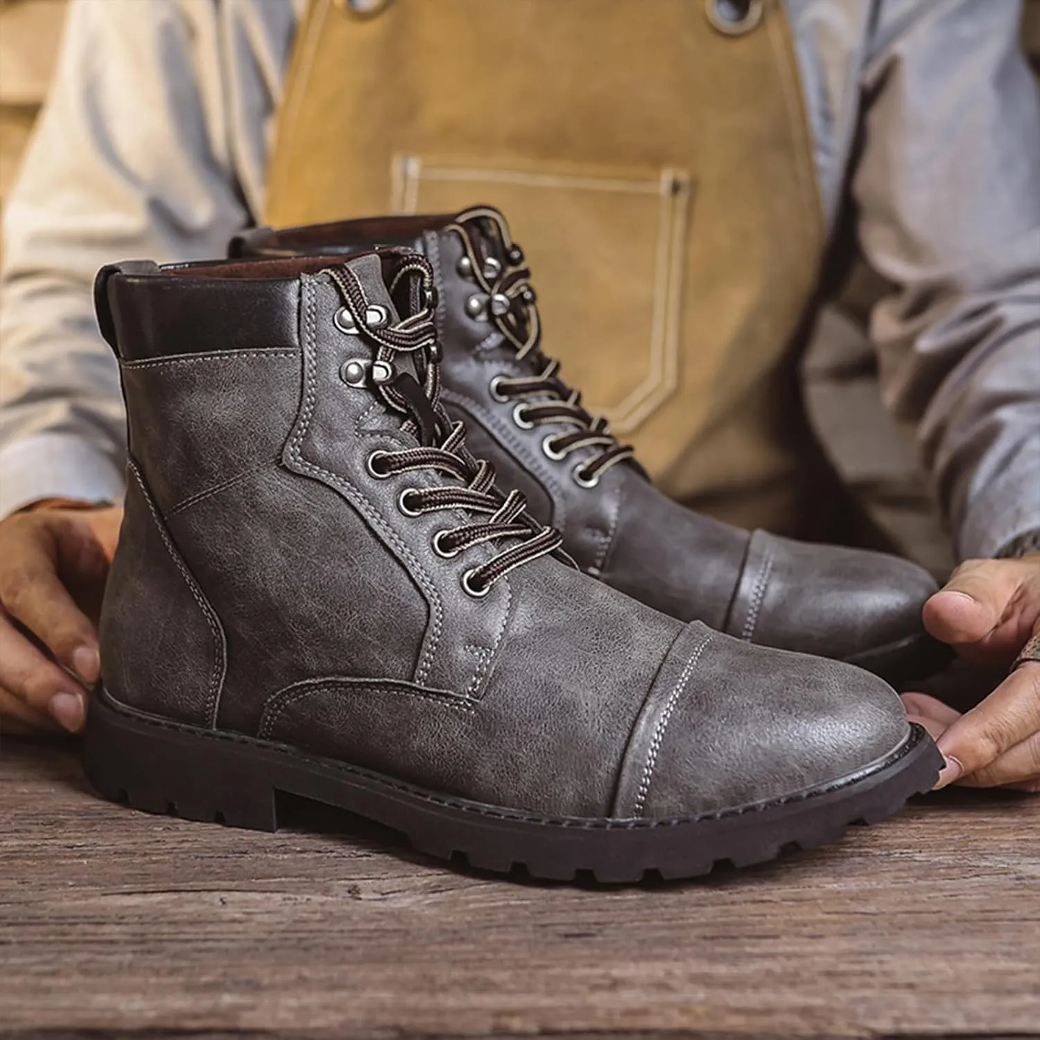 Men's Oxford Dress Boots Fashion Round Toe Platform Lace Up Low Heel Lug Sole Casual Mid Top Motorcycle Boots Business Work Boots for Men