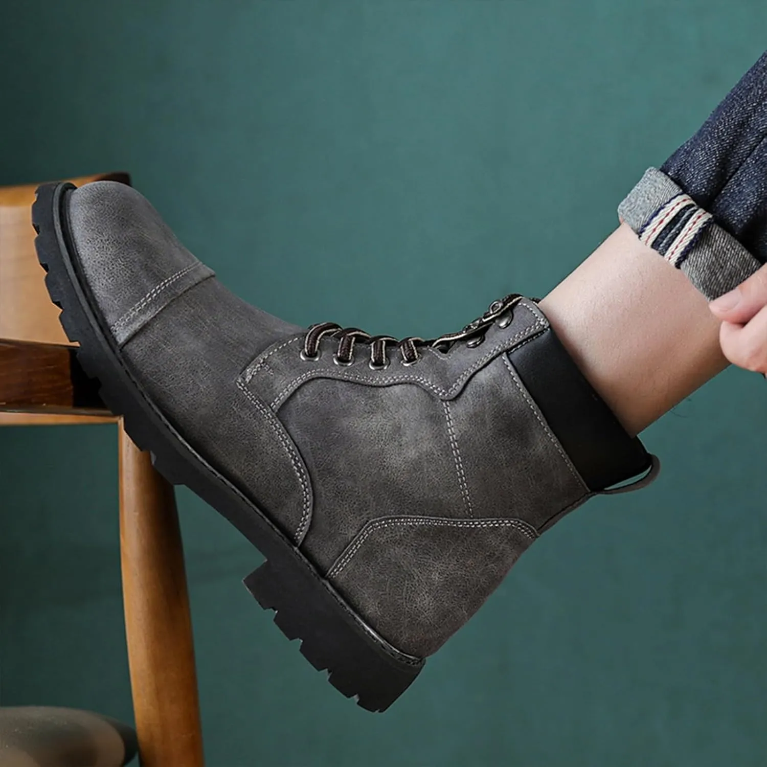 Men's Oxford Dress Boots Fashion Round Toe Platform Lace Up Low Heel Lug Sole Casual Mid Top Motorcycle Boots Business Work Boots for Men