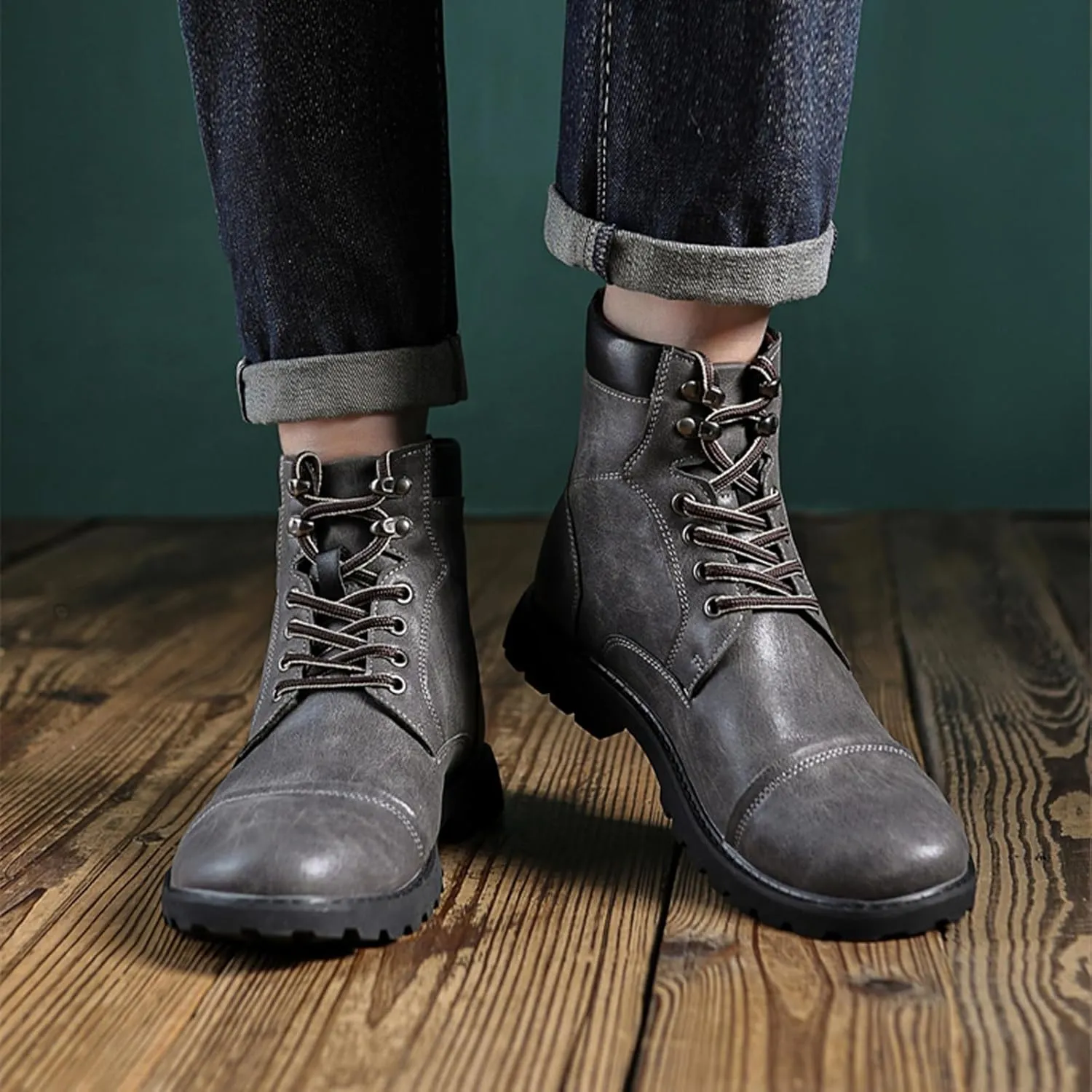 Men's Oxford Dress Boots Fashion Round Toe Platform Lace Up Low Heel Lug Sole Casual Mid Top Motorcycle Boots Business Work Boots for Men