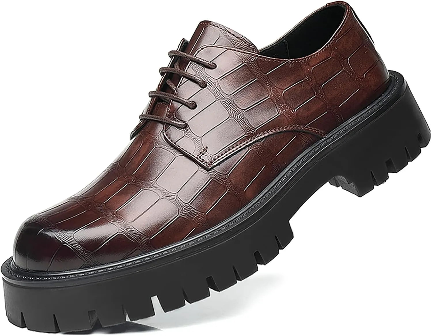 Men's Printed Leather Platform Oxford Dress Shoes Classic Lace Up Anti-Slip Lug Sole Block Heel Formal Oxfords for Wedding Office Business