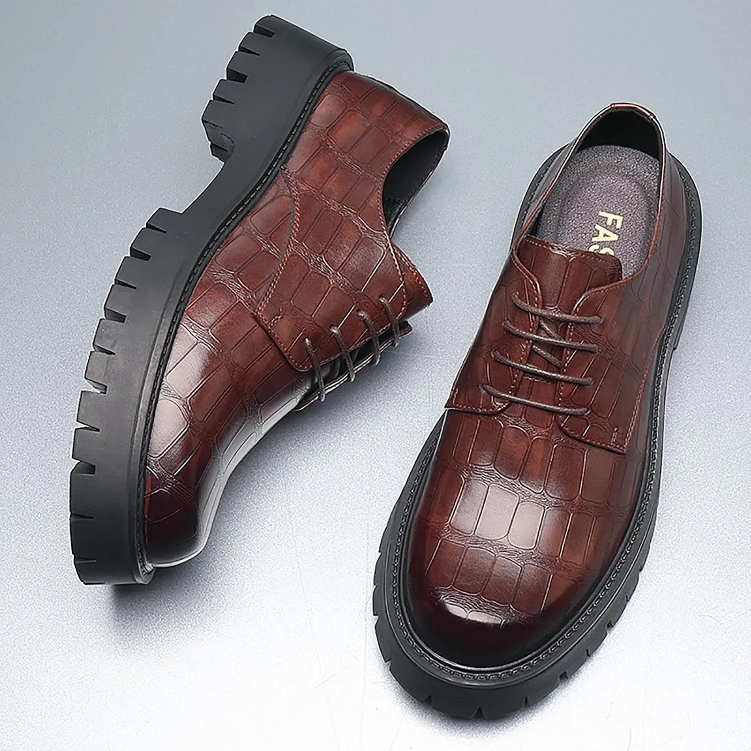 Men's Printed Leather Platform Oxford Dress Shoes Classic Lace Up Anti-Slip Lug Sole Block Heel Formal Oxfords for Wedding Office Business