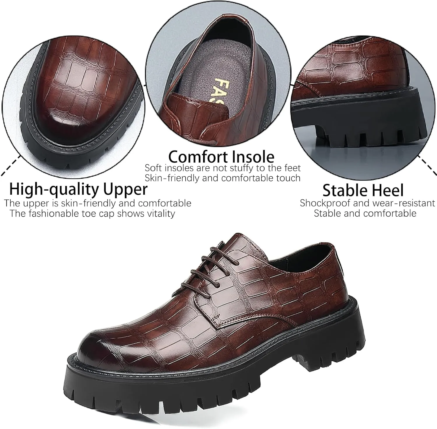 Men's Printed Leather Platform Oxford Dress Shoes Classic Lace Up Anti-Slip Lug Sole Block Heel Formal Oxfords for Wedding Office Business