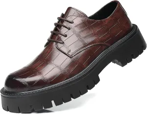 Men's Printed Leather Platform Oxford Dress Shoes Classic Lace Up Anti-Slip Lug Sole Block Heel Formal Oxfords for Wedding Office Business
