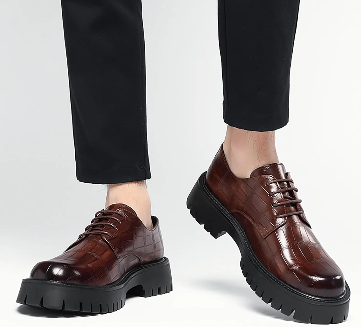 Men's Printed Leather Platform Oxford Dress Shoes Classic Lace Up Anti-Slip Lug Sole Block Heel Formal Oxfords for Wedding Office Business
