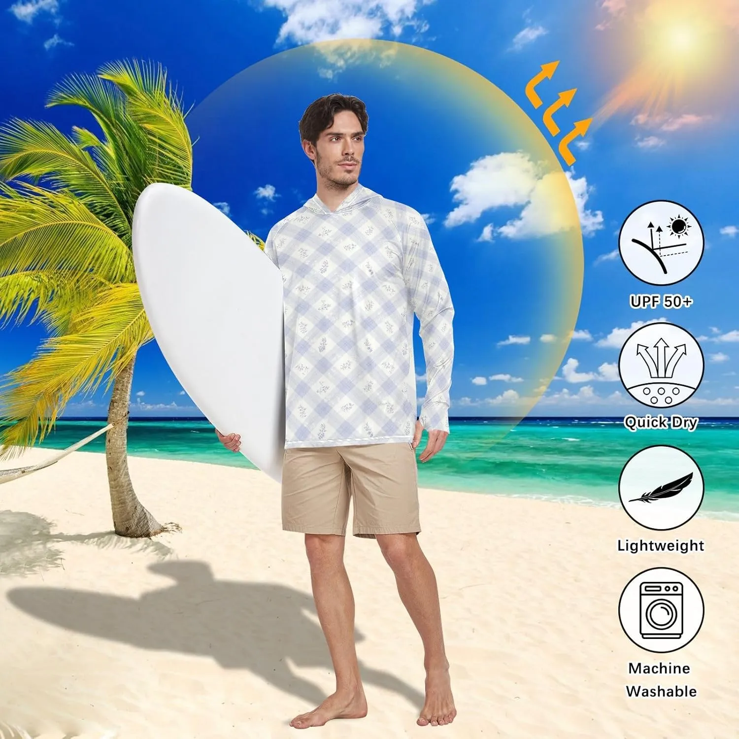 Mens Sun Protection Hoodie Long Sleeve UPF 50   Sun Shirt with Hood Fishing Shirt Rashguard for Men Plaid with Flower