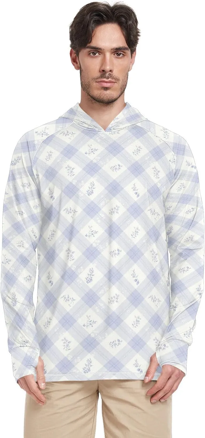 Mens Sun Protection Hoodie Long Sleeve UPF 50   Sun Shirt with Hood Fishing Shirt Rashguard for Men Plaid with Flower