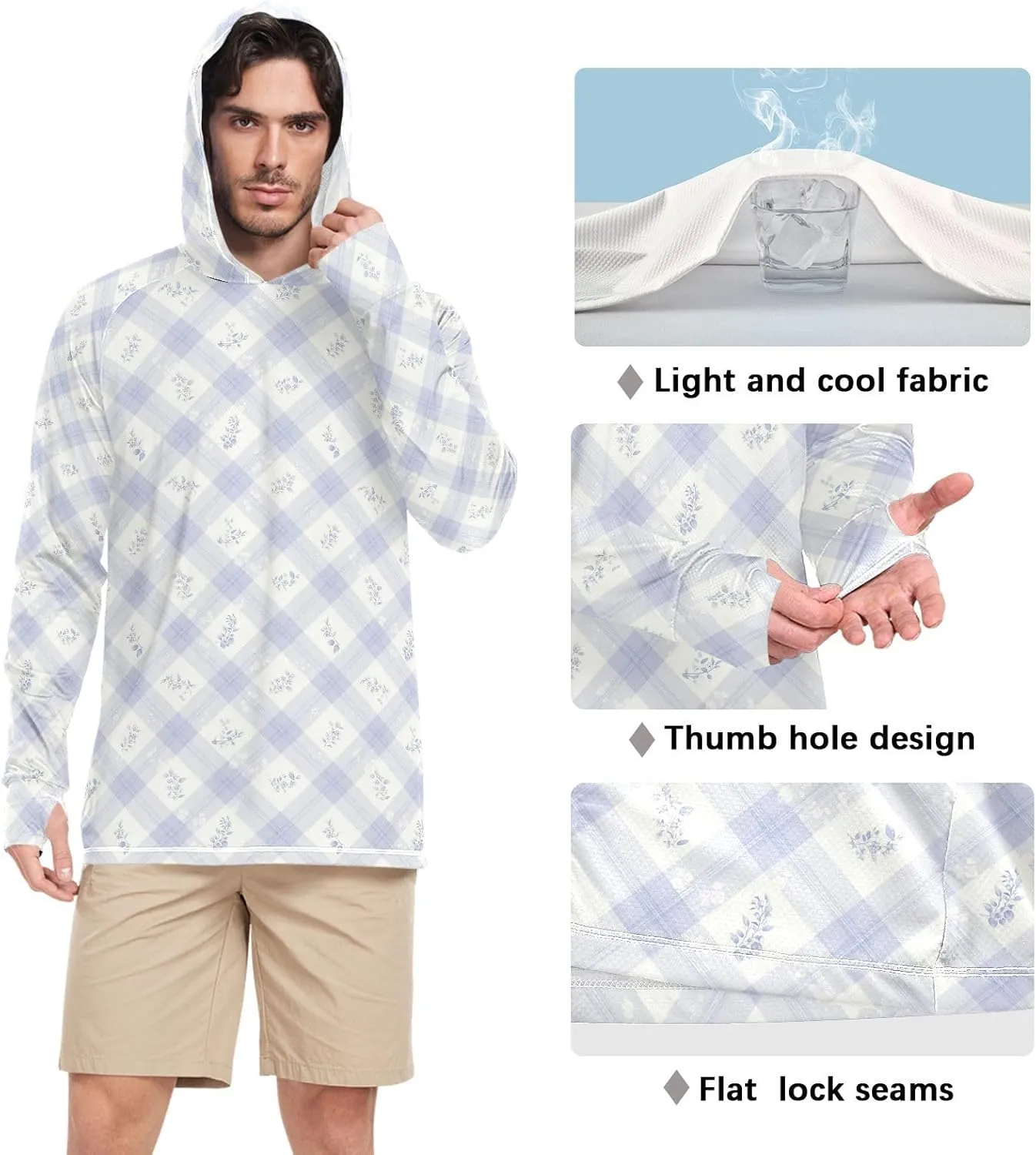 Mens Sun Protection Hoodie Long Sleeve UPF 50   Sun Shirt with Hood Fishing Shirt Rashguard for Men Plaid with Flower