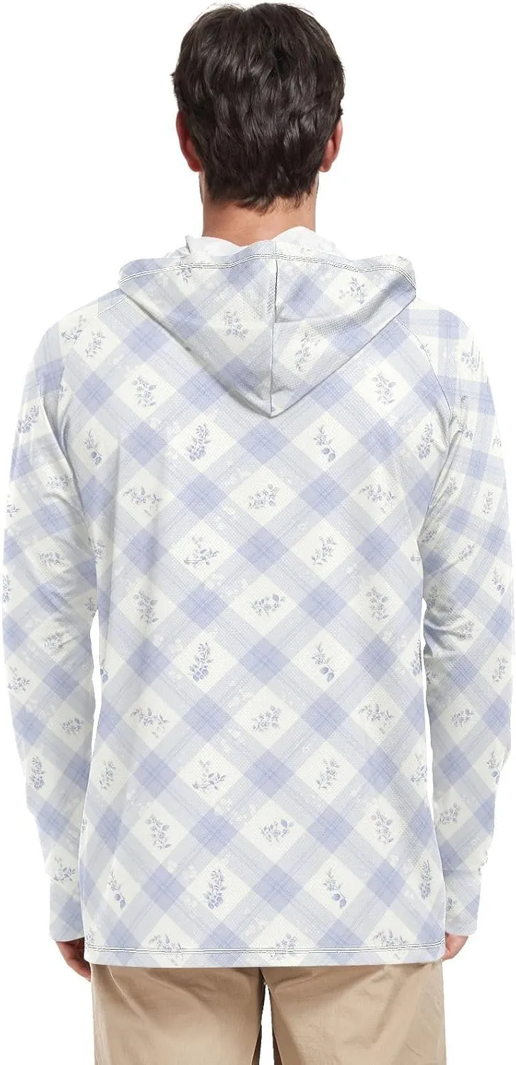 Mens Sun Protection Hoodie Long Sleeve UPF 50   Sun Shirt with Hood Fishing Shirt Rashguard for Men Plaid with Flower