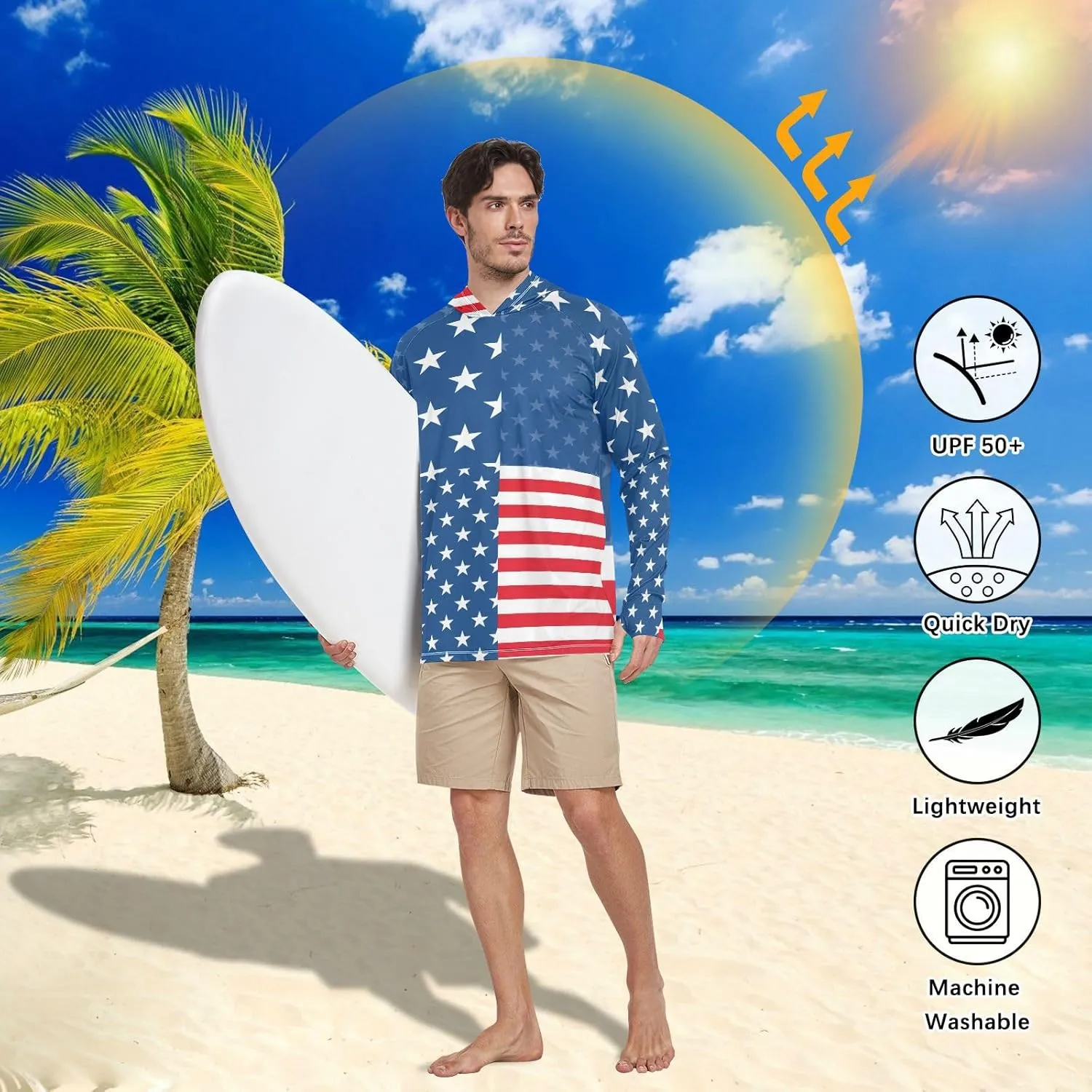 Mens Sun Protection Hoodie Long Sleeve UPF 50   Sun Shirt with Hood Rash Guard UV Shirts Cooling Hoodies American