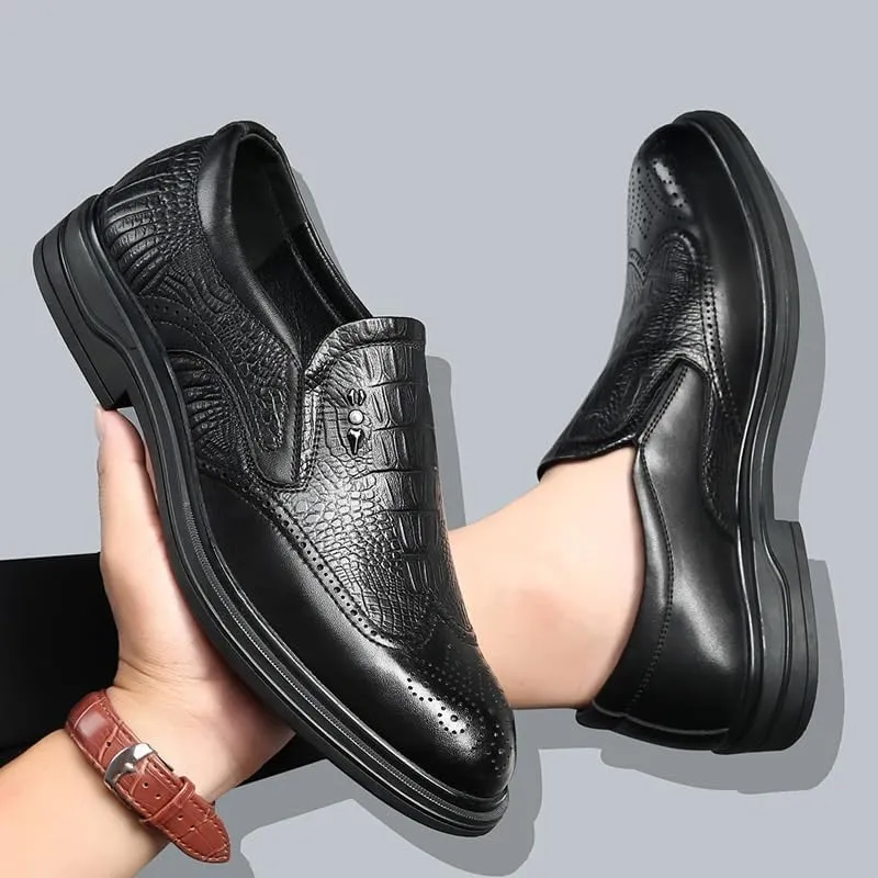 Men's Trendy Brogue Wingtip Oxfords Shoes Men's Vintage Crocodile Print Strap Slip On Dress Shoes Heightening Effect Business Casual Shoes