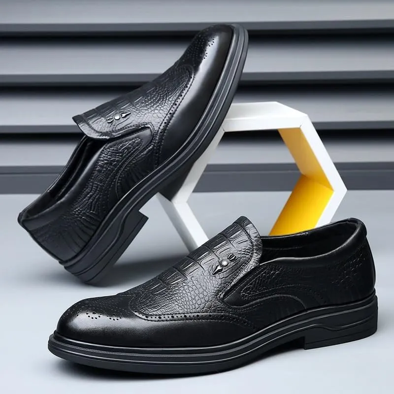 Men's Trendy Brogue Wingtip Oxfords Shoes Men's Vintage Crocodile Print Strap Slip On Dress Shoes Heightening Effect Business Casual Shoes