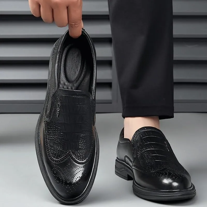 Men's Trendy Brogue Wingtip Oxfords Shoes Men's Vintage Crocodile Print Strap Slip On Dress Shoes Heightening Effect Business Casual Shoes