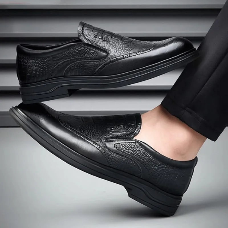 Men's Trendy Brogue Wingtip Oxfords Shoes Men's Vintage Crocodile Print Strap Slip On Dress Shoes Heightening Effect Business Casual Shoes