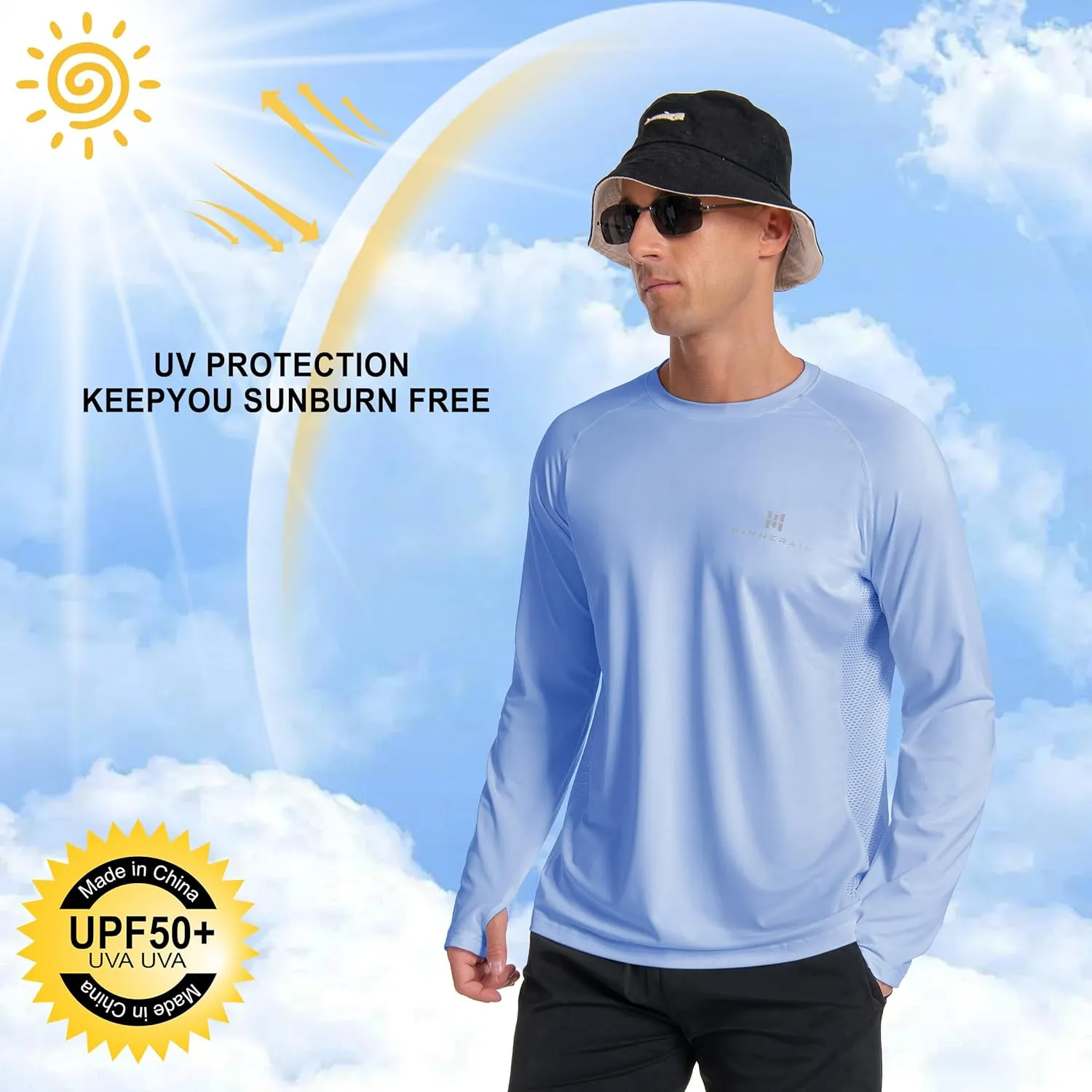 Men's UPF 50  Long Sleeve Loose-Fit Lightweight Sun Protection Fishing Hiking Running UV Shirt Rash Guard