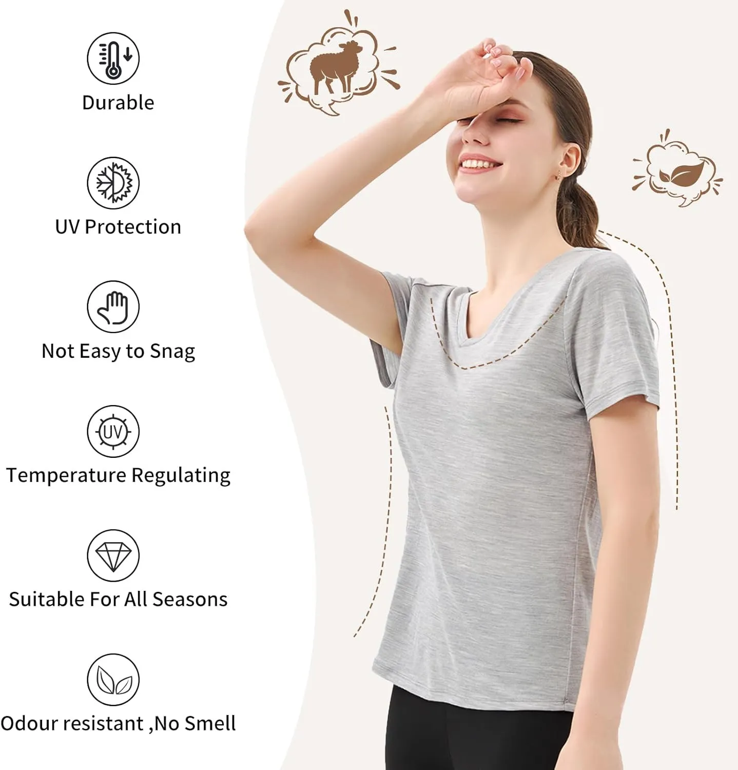 Merino Protect 100% Merino Wool V Neck T-Shirt for Women Short Sleeve Base Layers Odor Resistance Tops for Outdoor Hiking