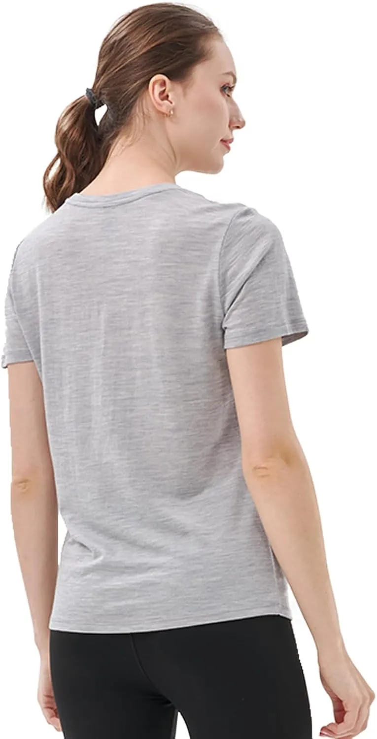 Merino Protect 100% Merino Wool V Neck T-Shirt for Women Short Sleeve Base Layers Odor Resistance Tops for Outdoor Hiking