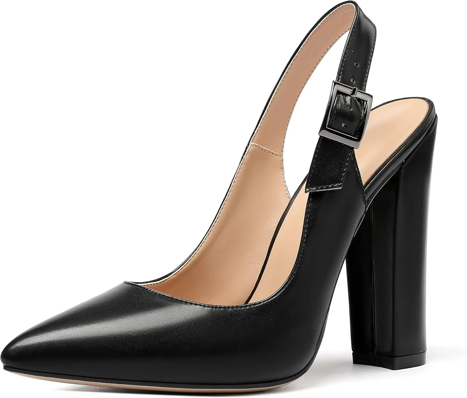 Mettesally Women's Slingback Chunky Block High Heels Pointed Toe Pumps Ankle Strap Party Office Heeled Shoes