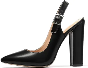 Mettesally Women's Slingback Chunky Block High Heels Pointed Toe Pumps Ankle Strap Party Office Heeled Shoes