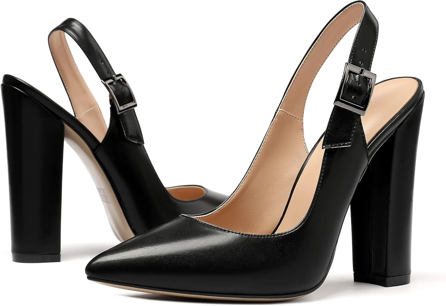 Mettesally Women's Slingback Chunky Block High Heels Pointed Toe Pumps Ankle Strap Party Office Heeled Shoes