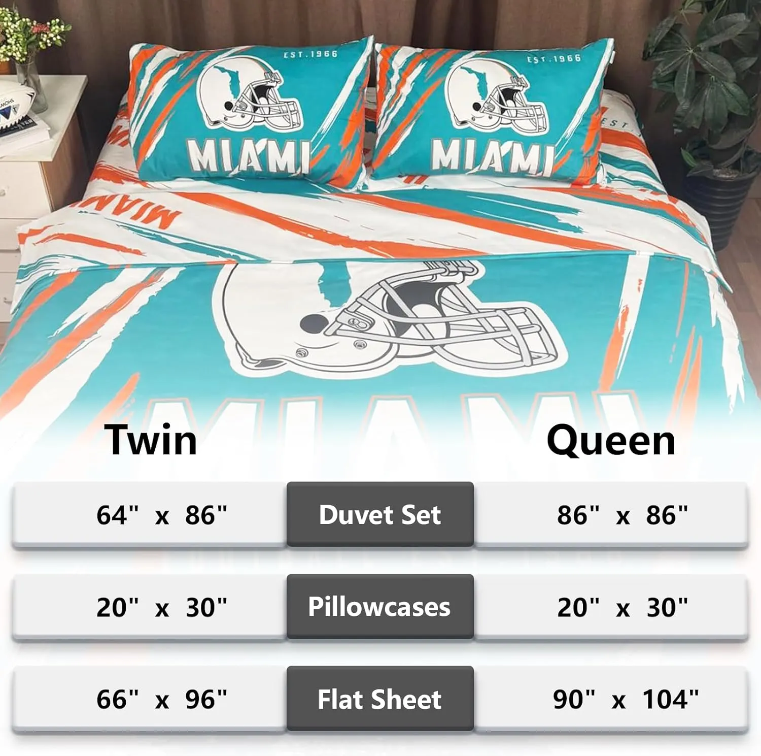 Miami Bedding Football Comforter Set Twin 4 Pieces with 1 Duvet Cover Twin Size, 1 Flat Sheet, and 2 Pillowcases Teenage Sports Bedding for Boys Bedroom