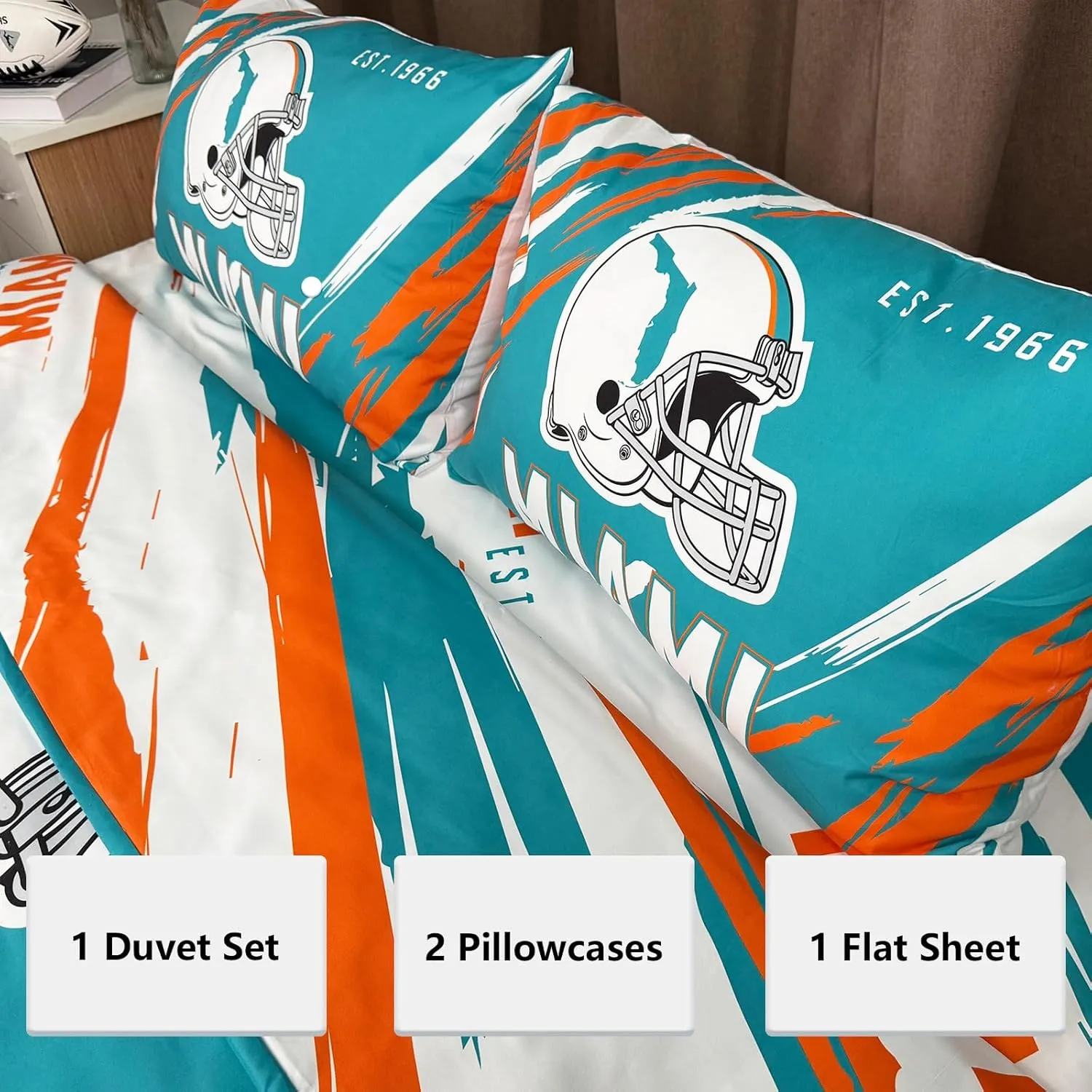 Miami Bedding Football Comforter Set Twin 4 Pieces with 1 Duvet Cover Twin Size, 1 Flat Sheet, and 2 Pillowcases Teenage Sports Bedding for Boys Bedroom