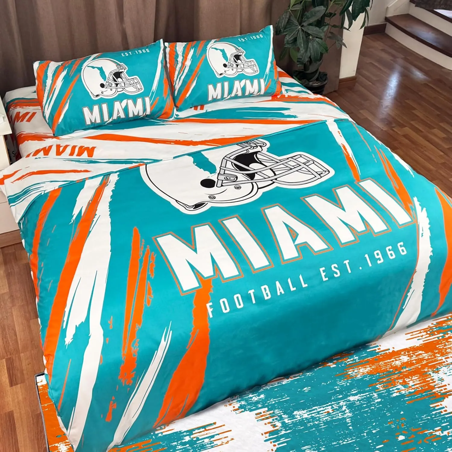 Miami Bedding Football Comforter Set Twin 4 Pieces with 1 Duvet Cover Twin Size, 1 Flat Sheet, and 2 Pillowcases Teenage Sports Bedding for Boys Bedroom