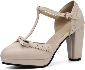 MIOKE Women's Retro T-Strap Mary Jane Pumps Round Toe Platform Chunky Block High Heel Vintage Oxford Shoes