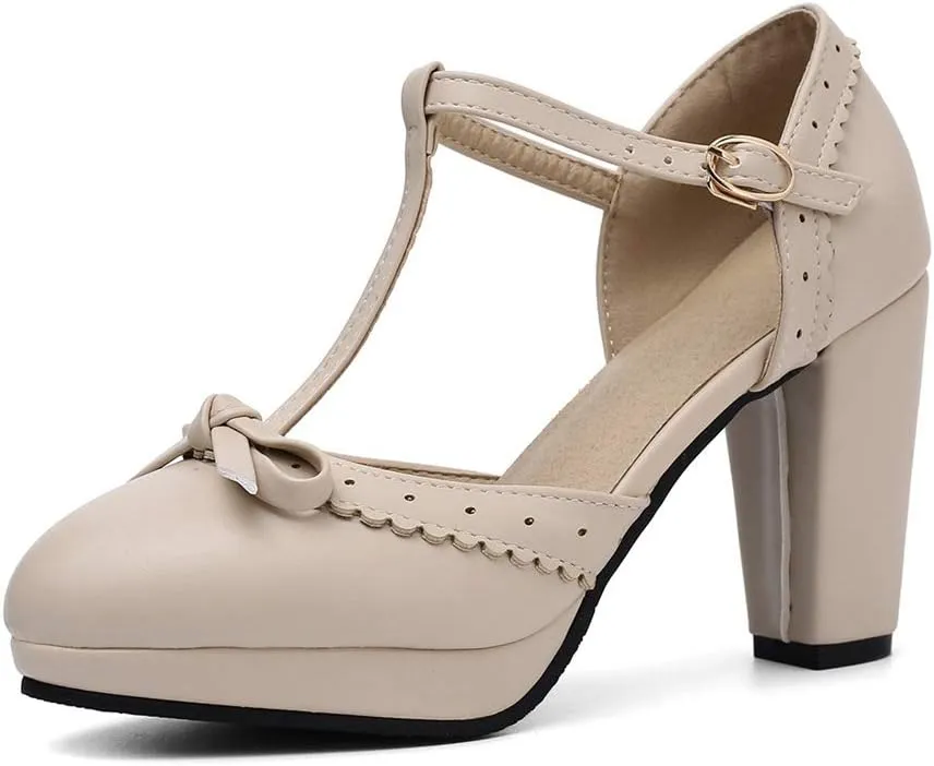 MIOKE Women's Retro T-Strap Mary Jane Pumps Round Toe Platform Chunky Block High Heel Vintage Oxford Shoes
