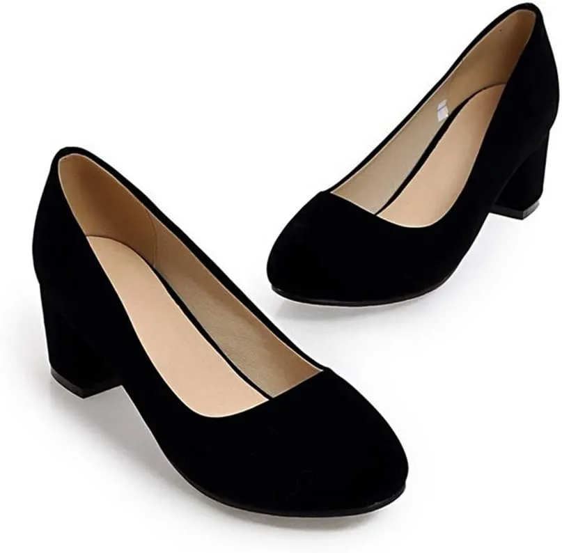 MIOKE Women's Round Toe Chunky Mid Block Heel Dress Pumps Suede Comfort Slip-On Casual Work Office Shoes