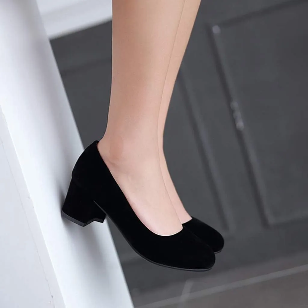MIOKE Women's Round Toe Chunky Mid Block Heel Dress Pumps Suede Comfort Slip-On Casual Work Office Shoes