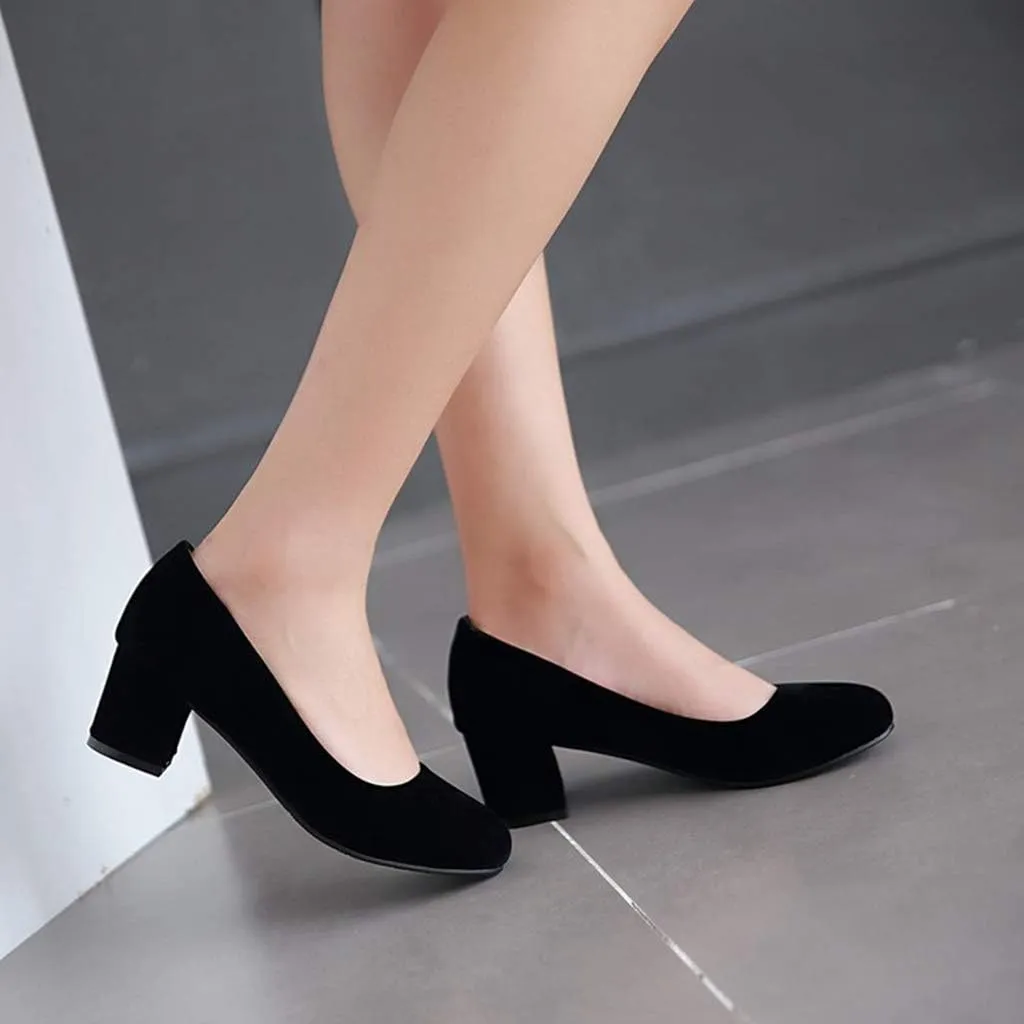 MIOKE Women's Round Toe Chunky Mid Block Heel Dress Pumps Suede Comfort Slip-On Casual Work Office Shoes