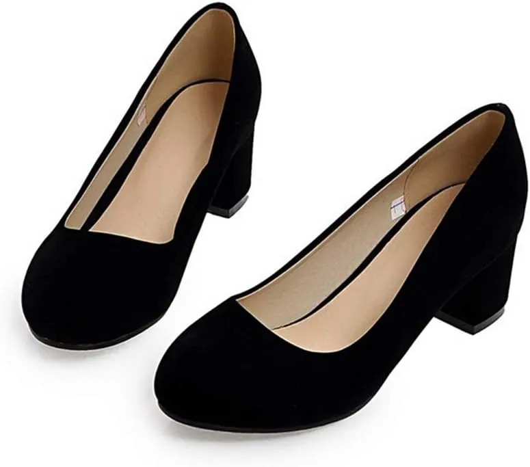 MIOKE Women's Round Toe Chunky Mid Block Heel Dress Pumps Suede Comfort Slip-On Casual Work Office Shoes