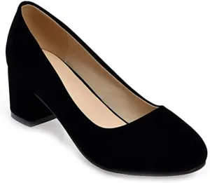 MIOKE Women's Round Toe Chunky Mid Block Heel Dress Pumps Suede Comfort Slip-On Casual Work Office Shoes