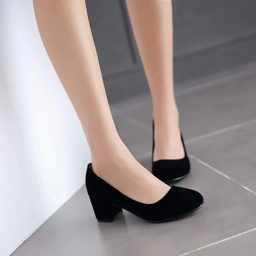 MIOKE Women's Round Toe Chunky Mid Block Heel Dress Pumps Suede Comfort Slip-On Casual Work Office Shoes