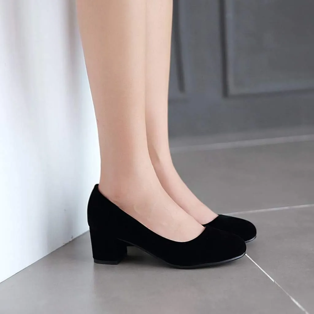 MIOKE Women's Round Toe Chunky Mid Block Heel Dress Pumps Suede Comfort Slip-On Casual Work Office Shoes