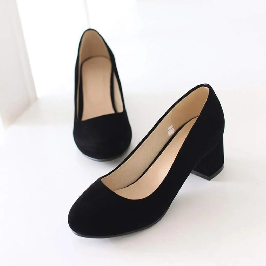 MIOKE Women's Round Toe Chunky Mid Block Heel Dress Pumps Suede Comfort Slip-On Casual Work Office Shoes