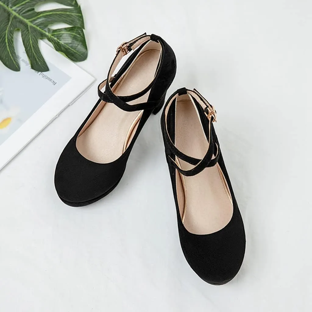 MIOKE Women's Square Toe Chunky High Block Heel Pumps Suede Buckle Strap Comfort Mary Jane Dress Shoes