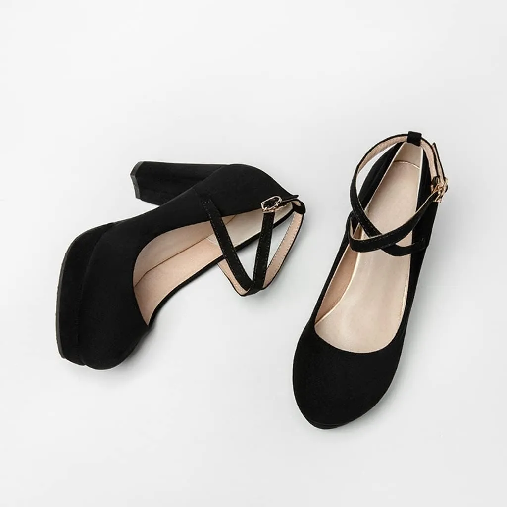 MIOKE Women's Square Toe Chunky High Block Heel Pumps Suede Buckle Strap Comfort Mary Jane Dress Shoes